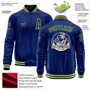 Custom Royal Green-Cream Bomber Varsity Letterman Zipper Jacket