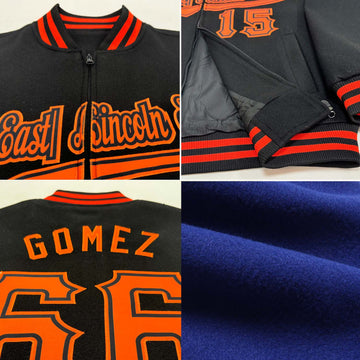 Custom Royal Black-Orange Bomber Varsity Letterman Zipper Jacket