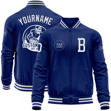 Load image into Gallery viewer, Custom Royal White Bomber Varsity Letterman Zipper Jacket
