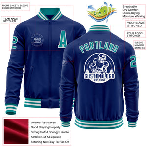 Custom Royal Teal-White Bomber Varsity Letterman Zipper Jacket