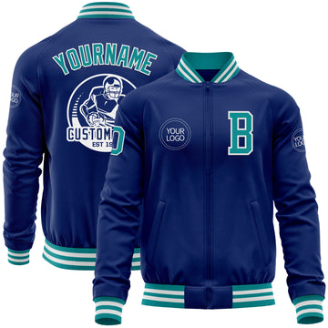 Custom Royal Teal-White Bomber Varsity Letterman Zipper Jacket