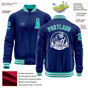 Custom Royal Aqua-White Bomber Varsity Letterman Zipper Jacket