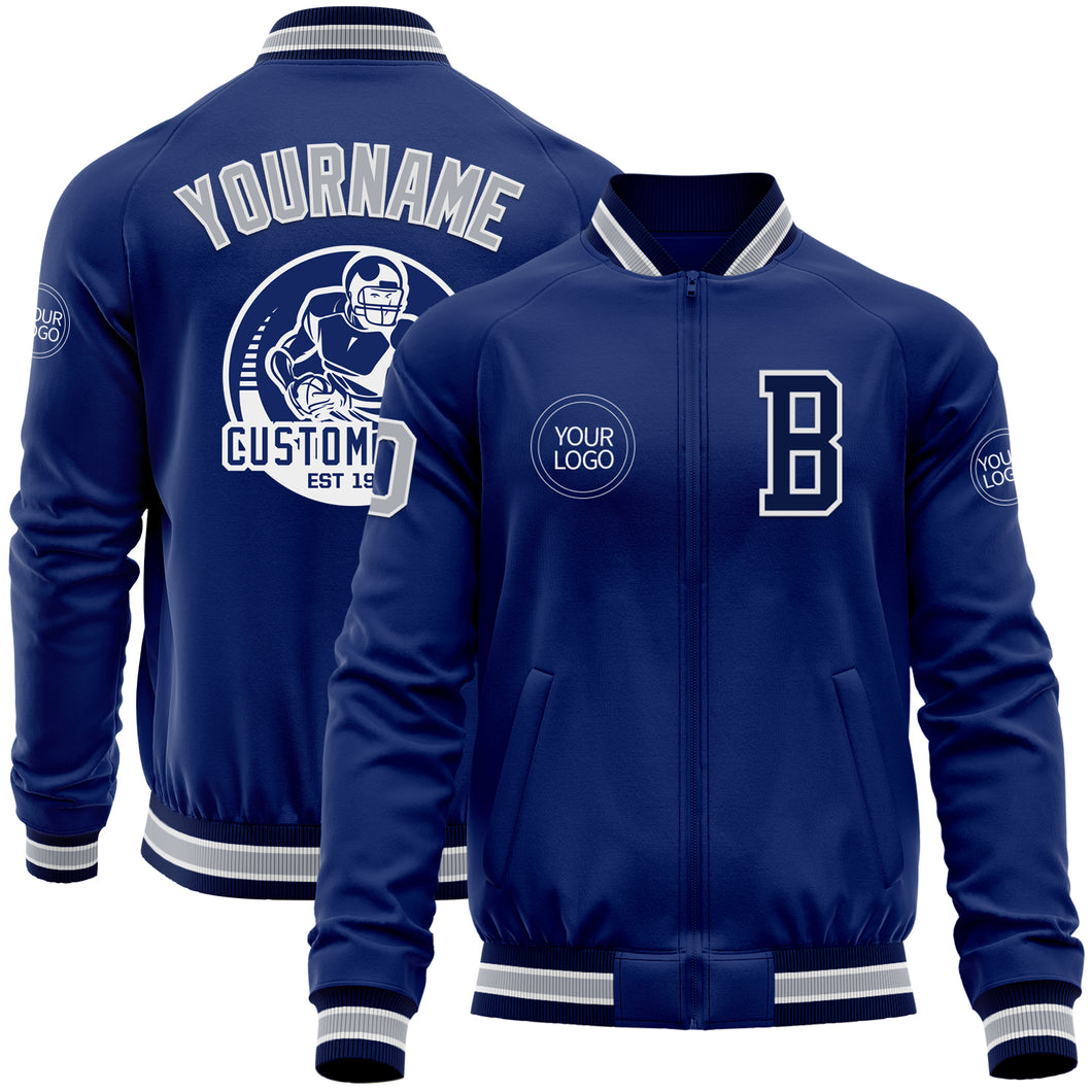 Custom Royal Gray-Navy Bomber Varsity Letterman Zipper Jacket