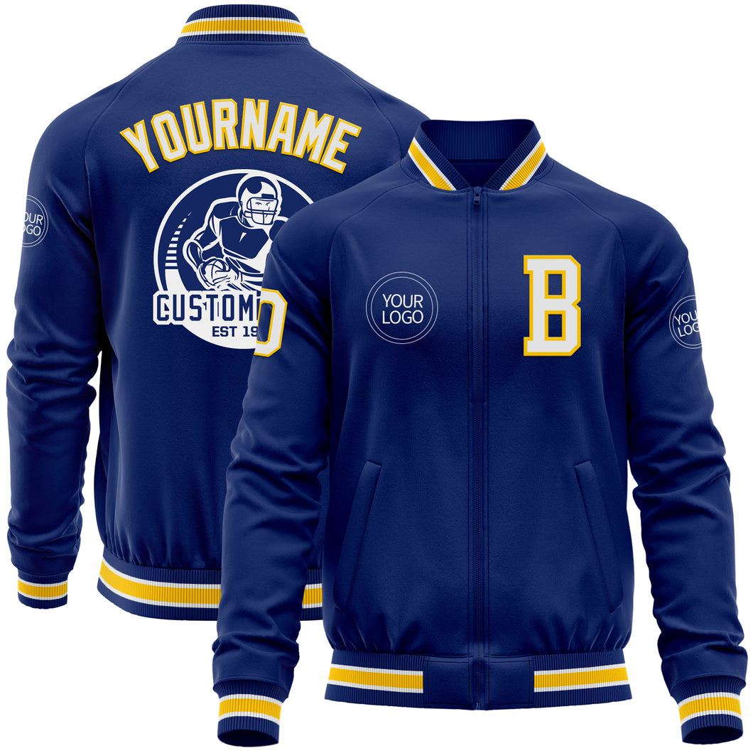 Custom Royal White-Yellow Bomber Varsity Letterman Zipper Jacket