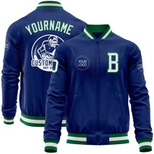 Load image into Gallery viewer, Custom Royal White-Kelly Green Bomber Varsity Letterman Zipper Jacket
