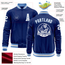 Load image into Gallery viewer, Custom Royal White-Light Blue Bomber Varsity Letterman Zipper Jacket
