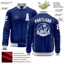 Load image into Gallery viewer, Custom Royal White-Gray Bomber Varsity Letterman Zipper Jacket
