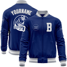 Load image into Gallery viewer, Custom Royal White-Gray Bomber Varsity Letterman Zipper Jacket
