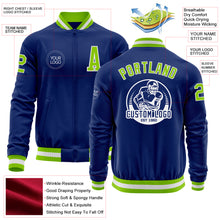 Load image into Gallery viewer, Custom Royal Neon Green-White Bomber Varsity Letterman Zipper Jacket
