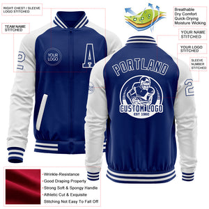 Custom Royal White Bomber Varsity Letterman Two Tone Zipper Jacket