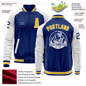 Custom Royal Yellow-White Bomber Varsity Letterman Two Tone Zipper Jacket