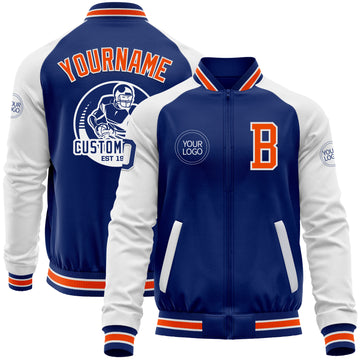 Custom Royal Orange-White Bomber Varsity Letterman Two Tone Zipper Jacket