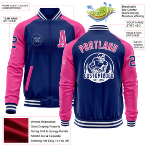 Custom Royal Pink-White Bomber Varsity Letterman Two Tone Zipper Jacket