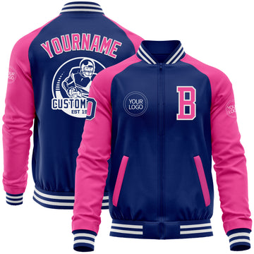 Custom Royal Pink-White Bomber Varsity Letterman Two Tone Zipper Jacket