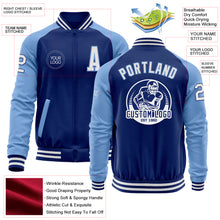 Load image into Gallery viewer, Custom Royal White-Light Blue Bomber Varsity Letterman Two Tone Zipper Jacket
