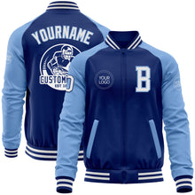 Load image into Gallery viewer, Custom Royal White-Light Blue Bomber Varsity Letterman Two Tone Zipper Jacket
