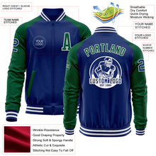 Load image into Gallery viewer, Custom Royal Kelly Green-White Bomber Varsity Letterman Two Tone Zipper Jacket
