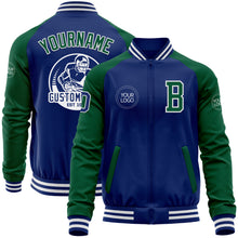 Load image into Gallery viewer, Custom Royal Kelly Green-White Bomber Varsity Letterman Two Tone Zipper Jacket
