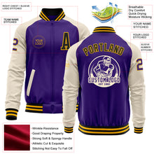 Load image into Gallery viewer, Custom Purple Black Gold-Cream Bomber Varsity Letterman Two Tone Zipper Jacket
