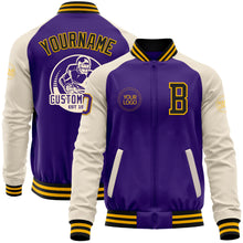 Load image into Gallery viewer, Custom Purple Black Gold-Cream Bomber Varsity Letterman Two Tone Zipper Jacket
