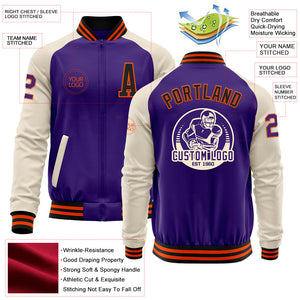 Custom Purple Black Orange-Cream Bomber Varsity Letterman Two Tone Zipper Jacket