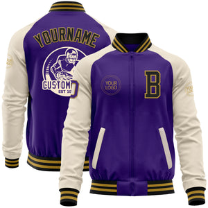 Custom Purple Black Old Gold-Cream Bomber Varsity Letterman Two Tone Zipper Jacket