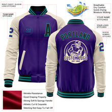 Load image into Gallery viewer, Custom Purple Black Teal-Cream Bomber Varsity Letterman Two Tone Zipper Jacket
