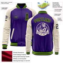 Load image into Gallery viewer, Custom Purple Black Neon Green-Cream Bomber Varsity Letterman Two Tone Zipper Jacket
