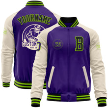 Load image into Gallery viewer, Custom Purple Black Neon Green-Cream Bomber Varsity Letterman Two Tone Zipper Jacket
