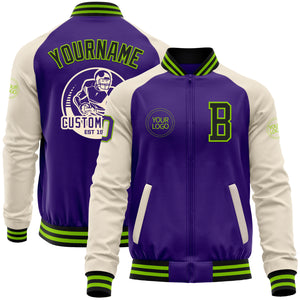 Custom Purple Black Neon Green-Cream Bomber Varsity Letterman Two Tone Zipper Jacket