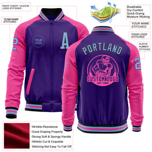 Custom Purple Light Blue Black-Pink Bomber Varsity Letterman Two Tone Zipper Jacket