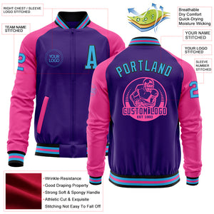 Custom Purple Sky Blue Black-Pink Bomber Varsity Letterman Two Tone Zipper Jacket