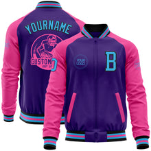 Load image into Gallery viewer, Custom Purple Sky Blue Black-Pink Bomber Varsity Letterman Two Tone Zipper Jacket
