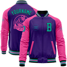 Load image into Gallery viewer, Custom Purple Aqua Black-Pink Bomber Varsity Letterman Two Tone Zipper Jacket
