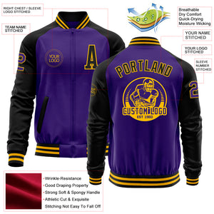 Custom Purple Black-Gold Bomber Varsity Letterman Two Tone Zipper Jacket