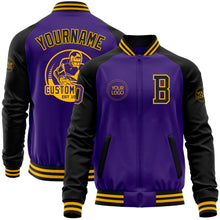 Load image into Gallery viewer, Custom Purple Black-Gold Bomber Varsity Letterman Two Tone Zipper Jacket
