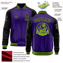 Load image into Gallery viewer, Custom Purple Black-Neon Green Bomber Varsity Letterman Two Tone Zipper Jacket
