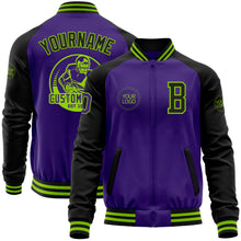 Load image into Gallery viewer, Custom Purple Black-Neon Green Bomber Varsity Letterman Two Tone Zipper Jacket
