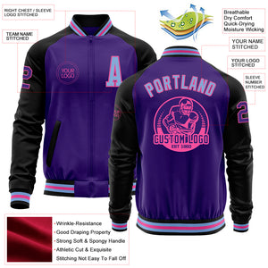 Custom Purple Light Blue Pink-Black Bomber Varsity Letterman Two Tone Zipper Jacket