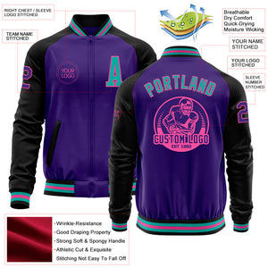 Custom Purple Aqua Pink-Black Bomber Varsity Letterman Two Tone Zipper Jacket