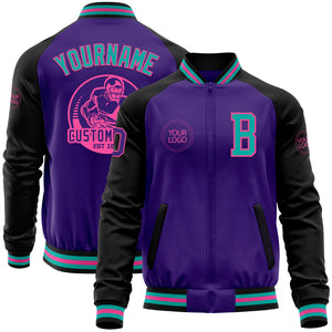 Custom Purple Aqua Pink-Black Bomber Varsity Letterman Two Tone Zipper Jacket