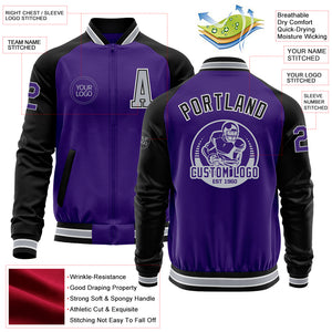 Custom Purple Black-Gray Bomber Varsity Letterman Two Tone Zipper Jacket