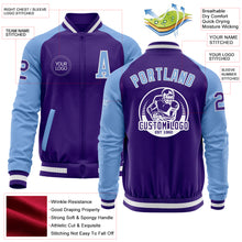 Load image into Gallery viewer, Custom Purple Light Blue-White Bomber Varsity Letterman Two Tone Zipper Jacket
