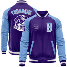 Load image into Gallery viewer, Custom Purple Light Blue-White Bomber Varsity Letterman Two Tone Zipper Jacket
