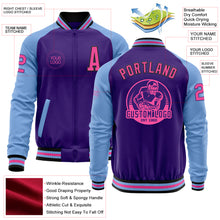 Load image into Gallery viewer, Custom Purple Pink Black-Light Blue Bomber Varsity Letterman Two Tone Zipper Jacket
