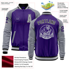 Load image into Gallery viewer, Custom Purple Gray-Black Bomber Varsity Letterman Two Tone Zipper Jacket
