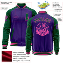 Load image into Gallery viewer, Custom Purple Kelly Green-Pink Bomber Varsity Letterman Two Tone Zipper Jacket
