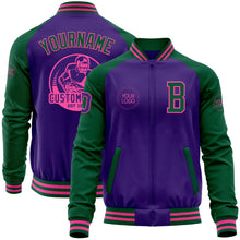 Load image into Gallery viewer, Custom Purple Kelly Green-Pink Bomber Varsity Letterman Two Tone Zipper Jacket
