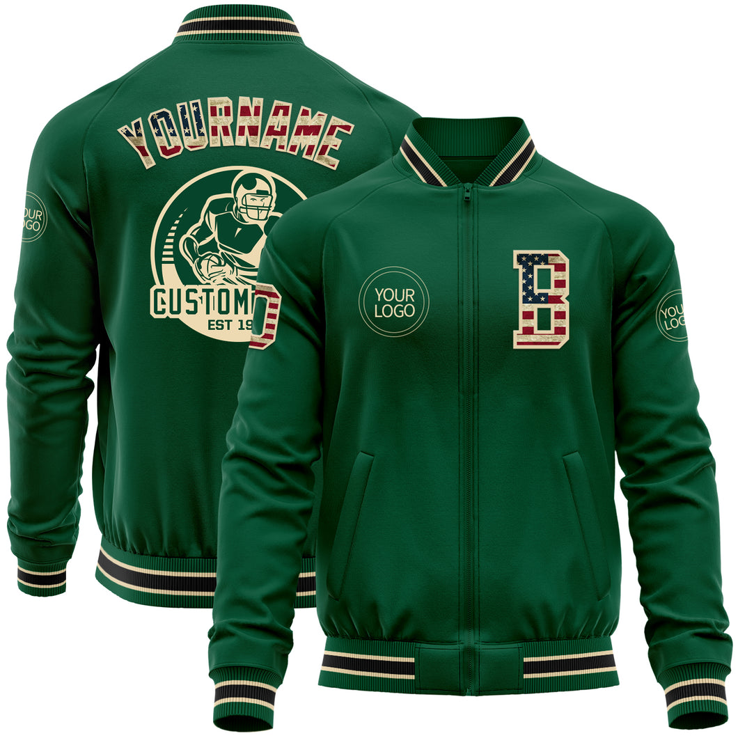 Custom Kelly Green Vintage USA Flag Cream-Black Bomber Varsity Letterman Zipper Jacket