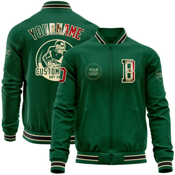 Custom Kelly Green Vintage Mexican Flag Cream-Black Bomber Varsity Letterman Zipper Jacket